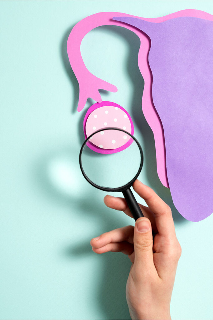 A hand holding a magnifying glass focuses on a pink and purple paper cutout of an ovary and fallopian tube on a light blue background, emphasizing a stylized depiction of female reproductive anatomy. - Blue Ridge Medical Center