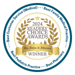 A circular logo with gold and blue design. It reads, "2024 Readers' Choice Awards, The News & Advance WINNER," within a laurel wreath. Surrounding text includes: "Best Customer Service (Medical), Best Family Medical Practice, Best Pediatric Practice, Best Pharmacy. - Blue Ridge Medical Center